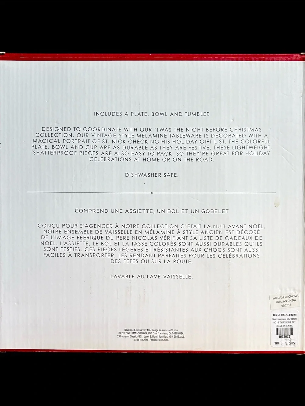 NIB Williams Sonoma Twas The Night Christmas Kids 3Piece Melamine Dinnerware Set